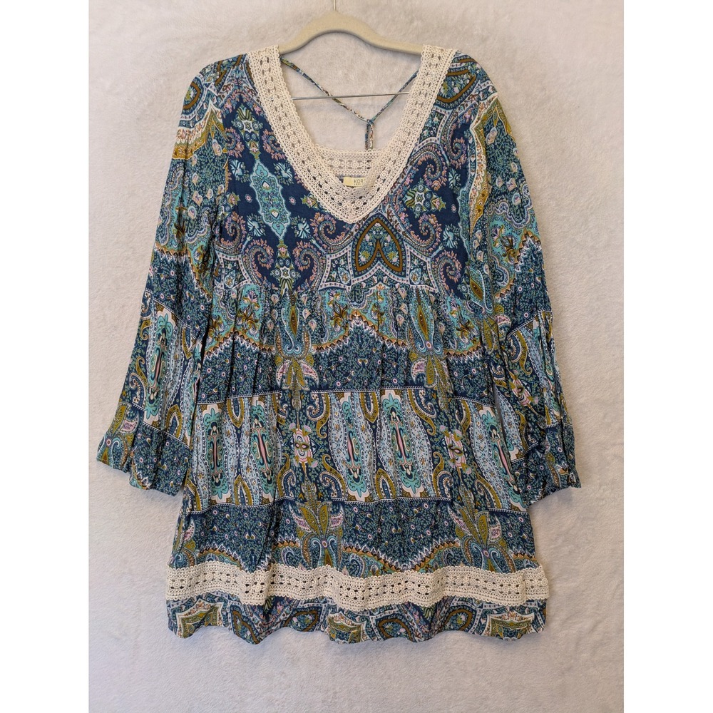 Kori America Tunic Dress Women's Small Blue Paisley Crochet Lace Tiered‎